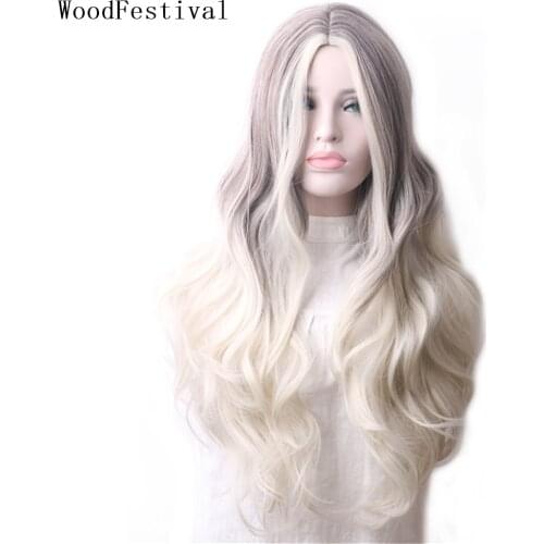 WoodFestival Synthetic Wig Female Cosplay Hair Wigs For Women Long Wavy Ombre Blonde Brown Black Purple Pink Red Blue Colored