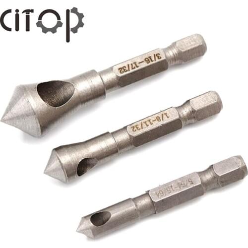 Citop 3pcs/set 6.35mm Shank 90 Degrees Countersink Deburring Drill Bits Cutter Tapper Hole Wooden Metal Plastic Chamfer Set