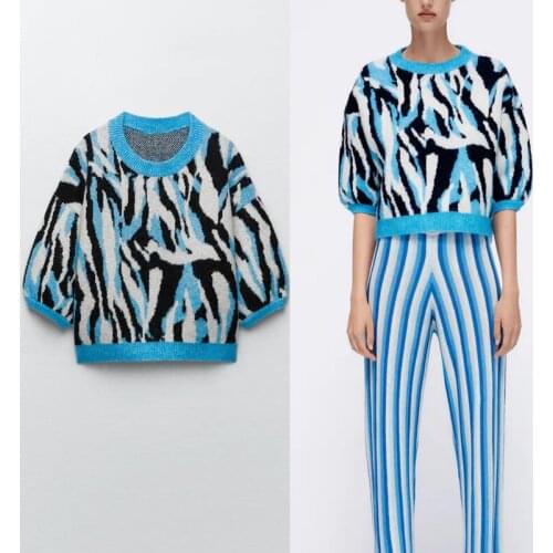 ZA 2021 Jacquard Animal Print Knit Sweater Women Short Sleeve Vintage Autumn Pullover Feminine Sweaters Streetwear Knitted Tops