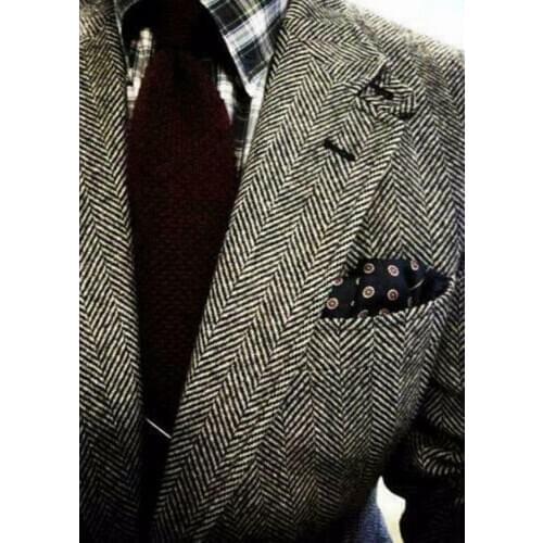 Vintage Business Men Suits Slim Fit Tweed Herringbone Tuxedo Groom Suits For Men Wedding Notch Lapel Jacket Male Blazer