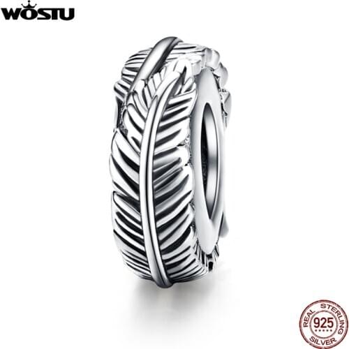 WOSTU Vintage Feather Silicone Spacer Beads 925 Sterling Silver Stopper Fit Original Bracelet Pendant DIY Jewelry Making CQC1236