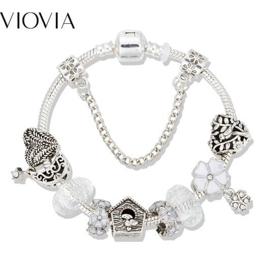 VIOVIA DIY Crystal Glass Beads Heart Charms Bracelets For Women Famale Pendant Bracelets & Bangles Pulsera Jewelry B19032