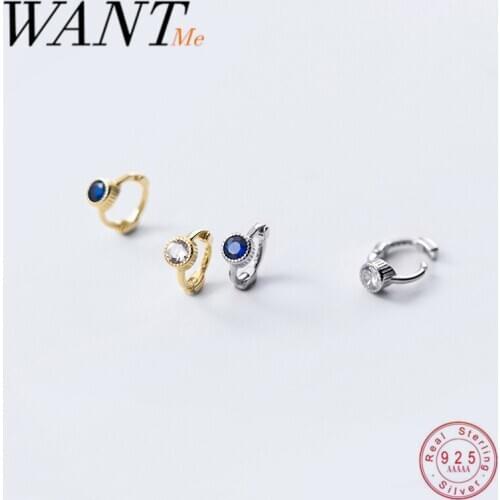 WANTME Real 925 Sterling Silver Mini Small Blue White Zircon Round Ear Buckle for Fashion Women Korean Wedding Jewelry Earrings