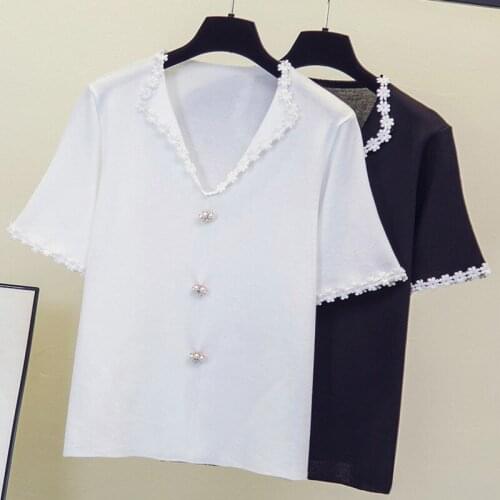 Large Size Womens Fashion V-neck Short Sleeve Knitted T-shirt Summer Korean Version Slightly Fat Show Thin Loose Vintage Tops