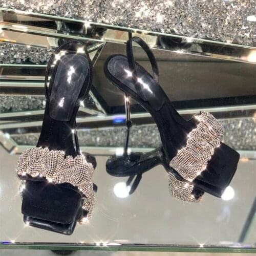 2021 New Diamond Black Crystal High Heels Sandals Female Roman Summer Thin Heel Sexy Sandals