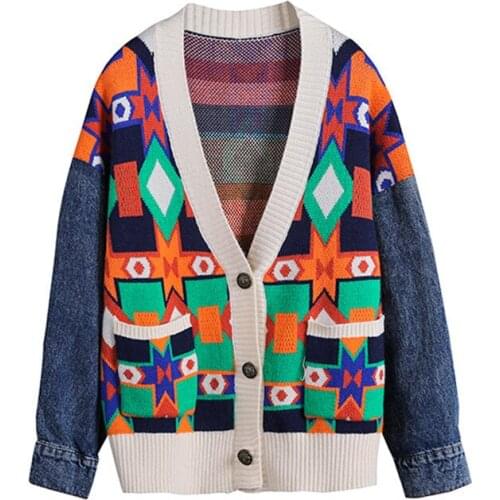 ZA 2020 New Denim Patchwork Knit Female Cardigan Jacket Autumn Fashion Print Womens Sweater Coat V Neck Loose Knitwear Tops
