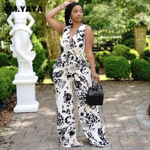 CM.YAYA Women Jumpsuit Print Sleeveless V-neck Bandage Sashes Wide Leg Loose Jumpsuits Casual One Piece Overalls Summer Outfits