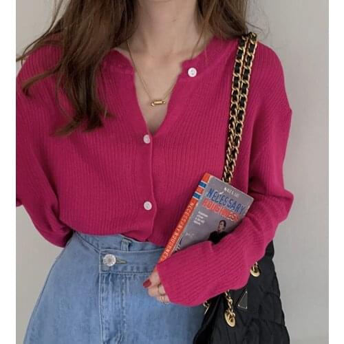 The New2021Korean Fashion Pitaya Color Ribbed Knitted Cardigan Women Autumn Long Sleeve Basic Cropped Sweaters Casual Tops