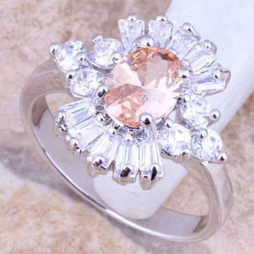 Enjoyable Champagne Morganite White CZ Silver Plated Womens Jewelry Ring Size 6 / 7 / 8 / 9 R1202