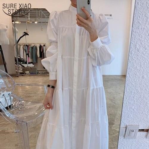 Single-breasted Vestidos New Arrival Stand Collar Long Sleeve White Dress Women Solid A Line Vintage Dresses Korean Style 14390