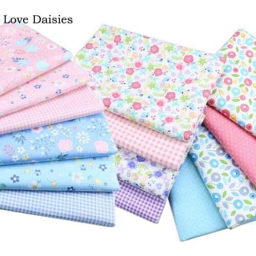 100% Cotton Twill Pastoral WHITE PINK BLUE Small Purple Blue Flower Check Dots Fabric For Kids Apparel Dress Craft Cushion Decor