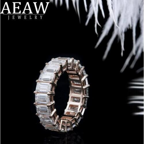 AEAW Solid 18K Rose Gold Emerald Baguette 3x5mm Engagement Band Ring Wedding Moissanite Eternity Band For Women