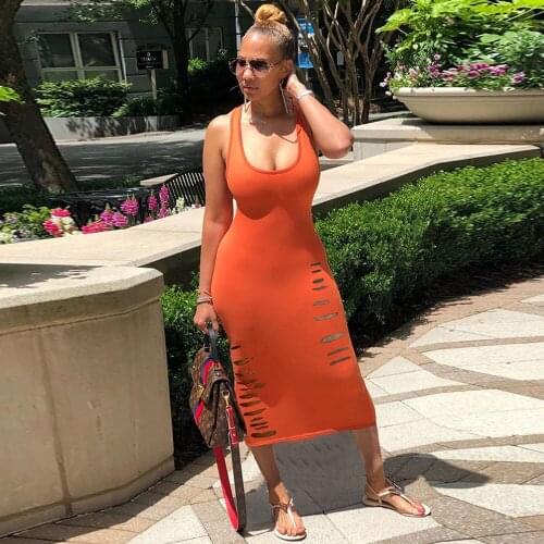 Side Hollow Out Summer Mid Calf Skinny Dress Women Scoop Neck Cleavage Sleeveless Sheath Dress Fashion Clubwear T-shirt Dresses