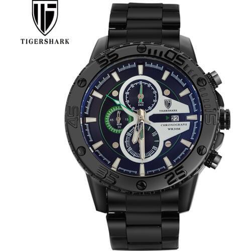 TIGERSHARK Fashion Men Sport Watches Chronograph Stainless Steel Watch Luminous 30M Waterproof Quartz Watches Relogio Masculino