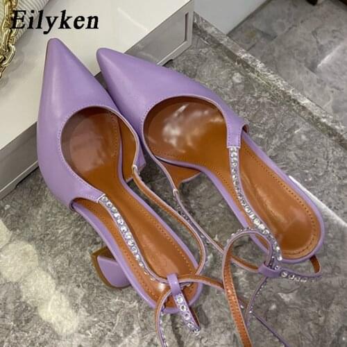 Eilyken Fashion Bling Crystal Shallow Elegant Mules Slides Shoes Pointed Toe Ankle Cross Lace-up Strange High Heels Pumps Women