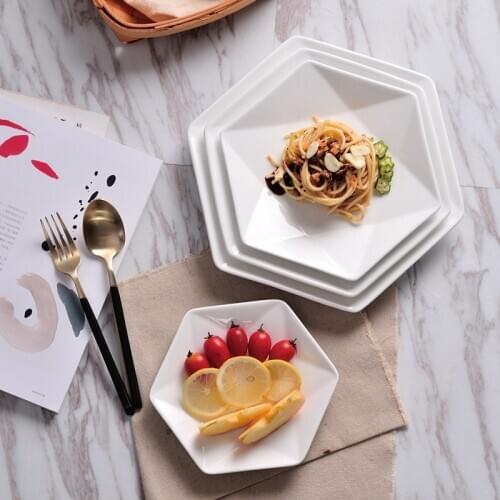 9/10/12Inch Ceramic Western Dishes Hexagonal Deep Tray Kitchen Irregular-Shaped Tableware Household Fruit Dessert Salad Plate