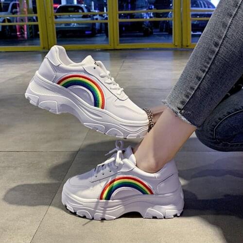 Casual Sneakers Women White Shoes Fashion Female Platform Shoes Ladies Lace Up Rainbow Vulcanize Shoes Woman Zapatillas De Mujer
