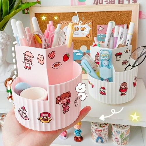 Multifunctional rotating pen holder small fresh office storage box measuring lipstick makeup brush storage tube desk organizer