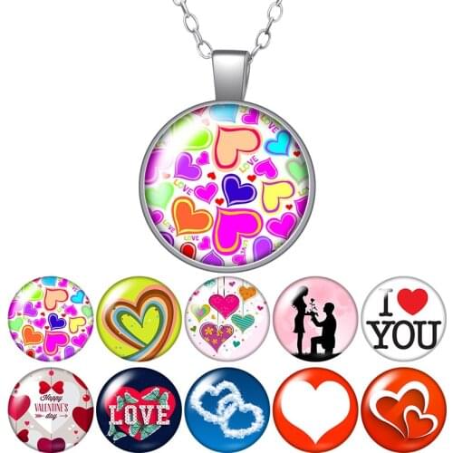 New Fashion Hearts Love Valentines Day Photo Pendant Necklace 25mm Glass Cabochon Women Girl Jewelry Birthday Gift 50cm