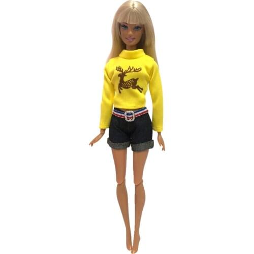 NK Newest Doll Christmas Suit Yellow Long Sleeve Shirt Denim Shorts Fashion Casual Top Clothing For Barbie accessories Doll Gift