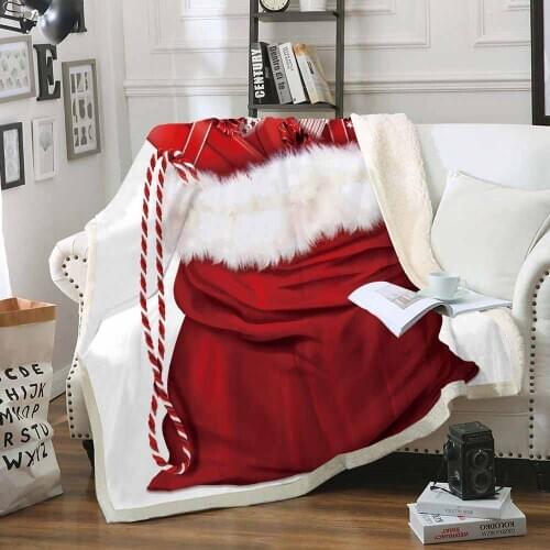 New Year Red White Throw Blanket Santa Claus Bag Gift Soft Sherpa Coral Fleece Blanket Nap Blanket Travel Picnic Blanket for Kid