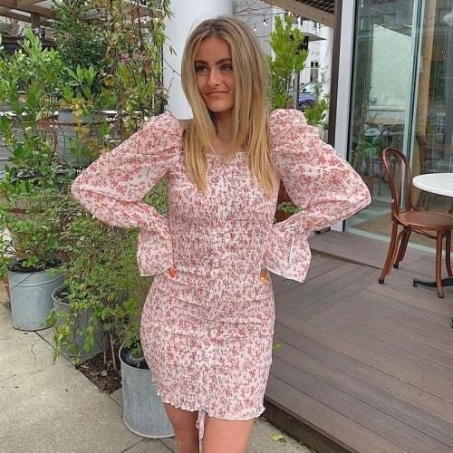 Foridol Bodycon Ruched Summer Dress Women Floral Print Boho Short Dress Elegant Bandage Boho Dress 2020 Beach New Elastic Dress