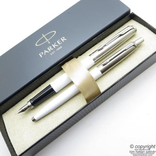Parker Jotter Original White Fountain Pen + Ballpoint Pen Set | İsme Special Pen | Gift Pen