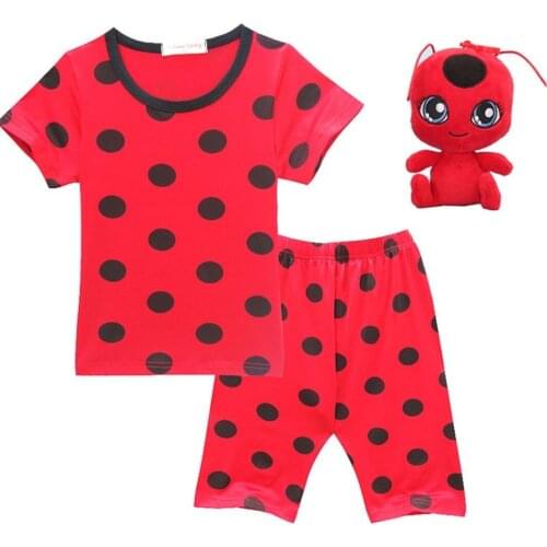 Baby Girls Dots Red Nightwear Lady Pajamas Set Short Sleeve Girls Sleepwear for Children Summer Clothing Sets Casual Homewear