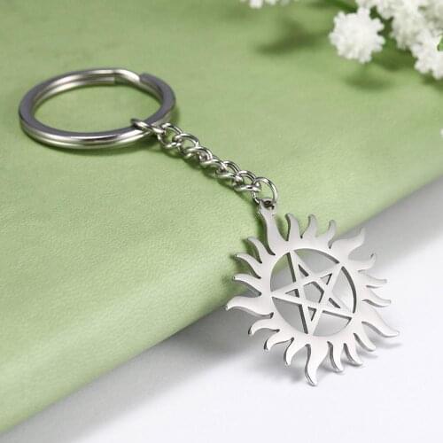 Shinning Sun Pentagram Charm Car Keychain Supernatural Dean Stainless Steel Key Chains Key-ring Holder Pendant for To Bag