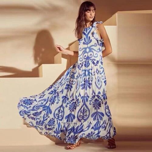 IVY HE Print Patchwork Ruffle Spring Dress Female O Neck Sleeveless High Waist Vintage Maxi Dresses For Women Fashionable Traf