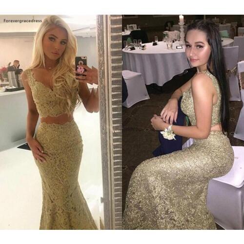 Gold Evening Dresses 2019 Mermaid Two Pieces Lace Holiday Wear Formal Party Prom Gowns Custom Made Plus Size