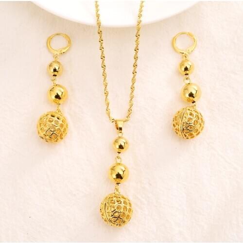 African Beads Jewelry Sets Pendant Necklaces Earrings Women Gold Color Round Ball Chains wedding party gifts PNG