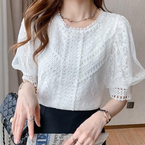 Vetement Femme 2021 Summer Short Sleeve Hollow Out Loose Lace Womens Top Dropshipping Blusas Mujer Female Shirt Blouses 0654
