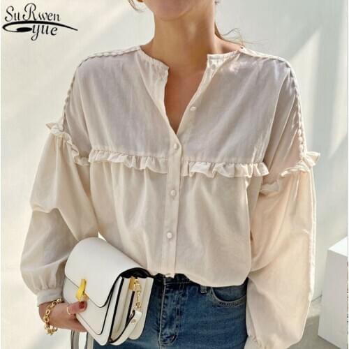 Autumn Korean Sweet White Round Neck Single Breasted Pleated Stitching Ruffled Loose All-match Long Sleeve Womens Shirt 11011