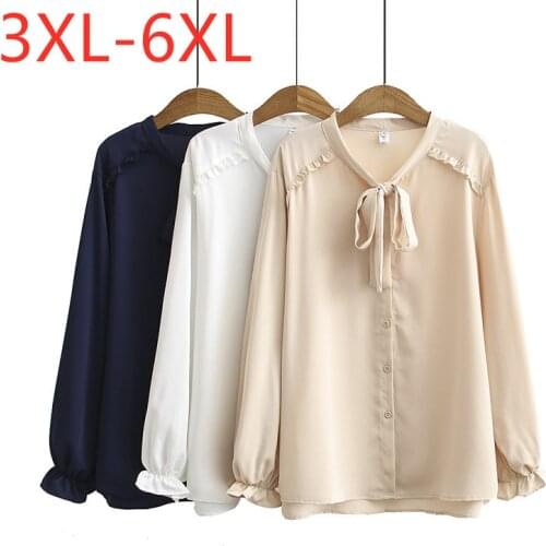 New 2021 Ladies Spring Autumn Plus Size Top For Women Large Long Sleeve Casual Khaki White Bow Chiffon Shirt 3XL 4XL 5XL 6XL