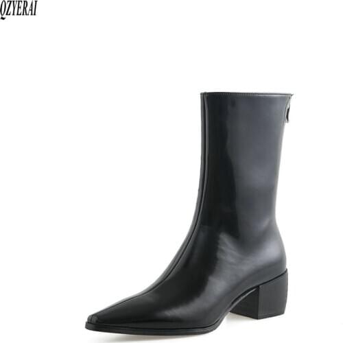 QZYERAIblack Ankle boots Genuine leather Female boots pointed Womens boots Autumn winter cowhide Womens shoes Size 34-43