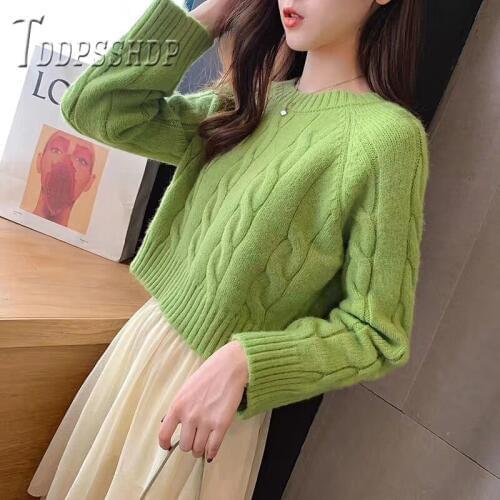 2019 Twist Avocado Green Color Women Sweater Round Neck Loose Female Sweaters