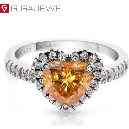 GIGAJEWE Moissanite 1.5ct 7.5mm Heart Cut Golden 925 Silver Ring Jewelry Fashion Love Token Women Girlfriend Courtship Gift