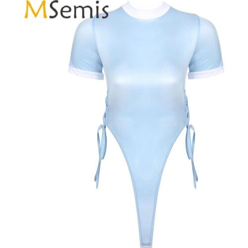 Womens Lingerie See-through Lace-up Bodysuit Party Mock Neck Short Sleeve Leotard Nightwear