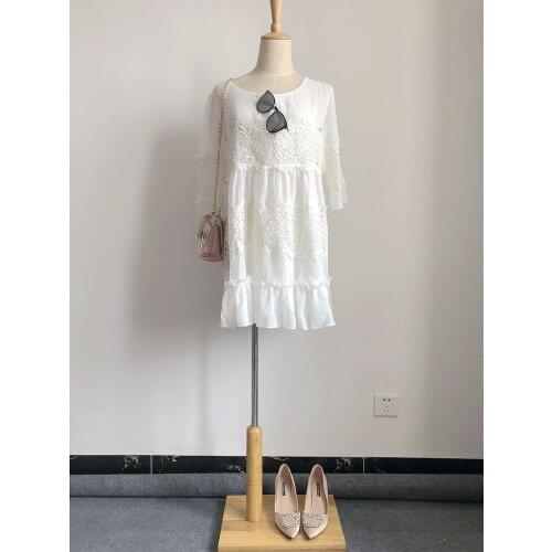 Fashion spring summer new loose big size three quarter sleeve o-neck lace stitching Chiffon hollow mini casual dresses