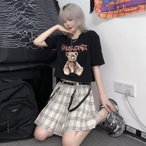 90s E-girl Y2K Bear Print Front Black woman T-shirts Kawaii Summer O-neck Short Sleeve Vintage Crop Top New Harajuku футболки