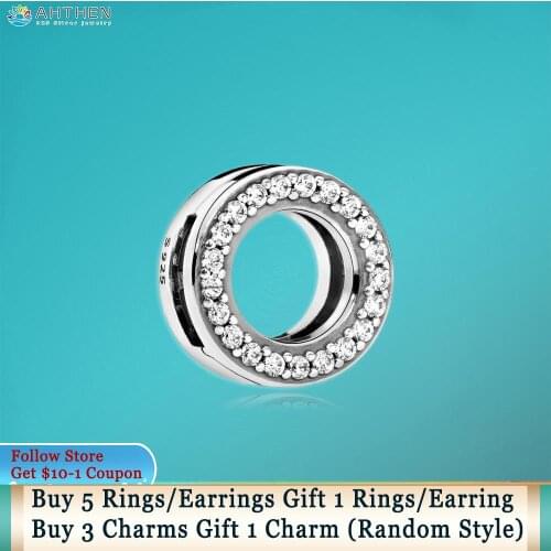 Ahthen 925 Sterling Silver Bead Circle of Pave Clip Charms fit Original Pandora Bracelets for Women Jewelry Making Girl Gift