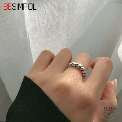 Besimpol Real s925 Sterling Silver Ring Minimalist Vintage Croissants Adjustable Open Rings For Women Fashion Fine Jewelry Gifts