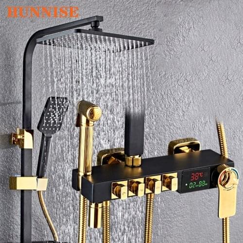 Digital Shower Set Square Bathroom Shower Head Copper Brass Bathtub Faucets Black Gold Thermostatic Bathroom Shower System