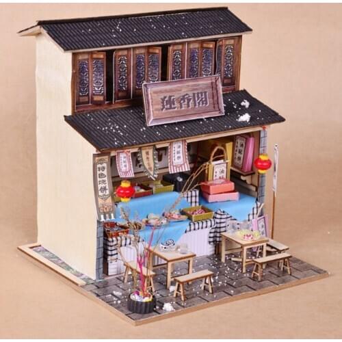 DIY Handcraft Miniature Project Wooden Dolls House Antique Snack Foods Shop Model Dollhouse Furniture LED Lights