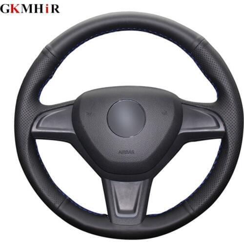 GKMHiR DIY Hand-stitched Black Artificial Leather Car Steering Wheel Cover for Skoda Yeti 2014 2015 2016 Rapid 2015