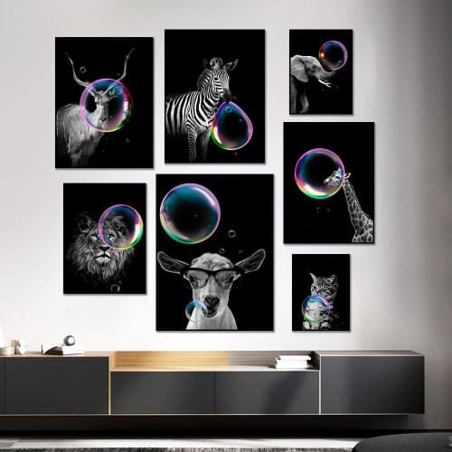 Animal Bubble Blowing Canvas Paintings Panda Cat Lion Tiger Elephant Giraffe Prints Art Wall Picture For Living Room Home Decor