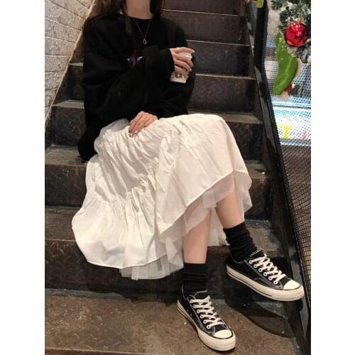 Summer New Korean College Style Mesh Stitched Skirt for Female Students Loose Medium and Long A-line Skirt