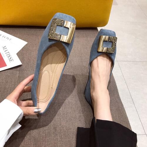Casual Loafers Lady Square Toe Shallow Korean Style Flats Metal Crystal Buckle Fashion Large Size Soft Rubber Sole Women Shoes