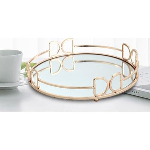 Nordic Metal Glass Mirror Tray Coffee Table Living Room Decoration Cosmetics Jewelry Display Tray Round Household Storage Plate